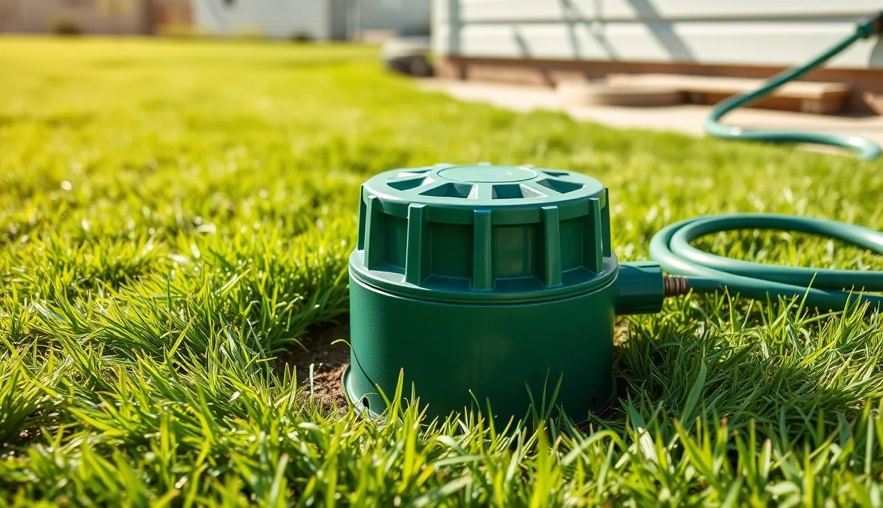 Green polyethylene septic riser cover flush with a residential lawn in morning light