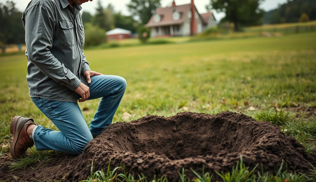 Soil scientist examining test pit layers during a septic system site evaluation