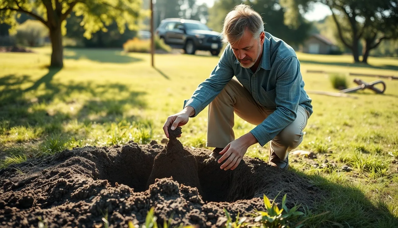Soil scientist examining a soil core sample at a septic design site visit