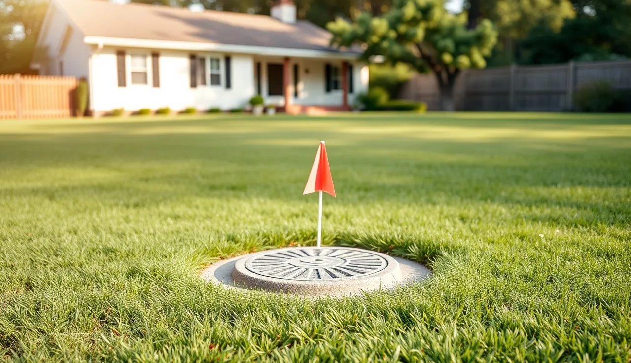 Concrete septic tank riser lid at ground level in a green residential backyard