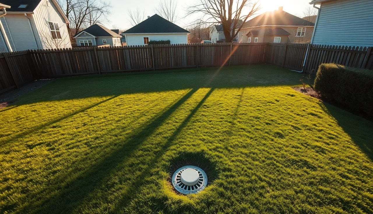 Suburban backyard grass area covering a septic system drain field with inspection port visible