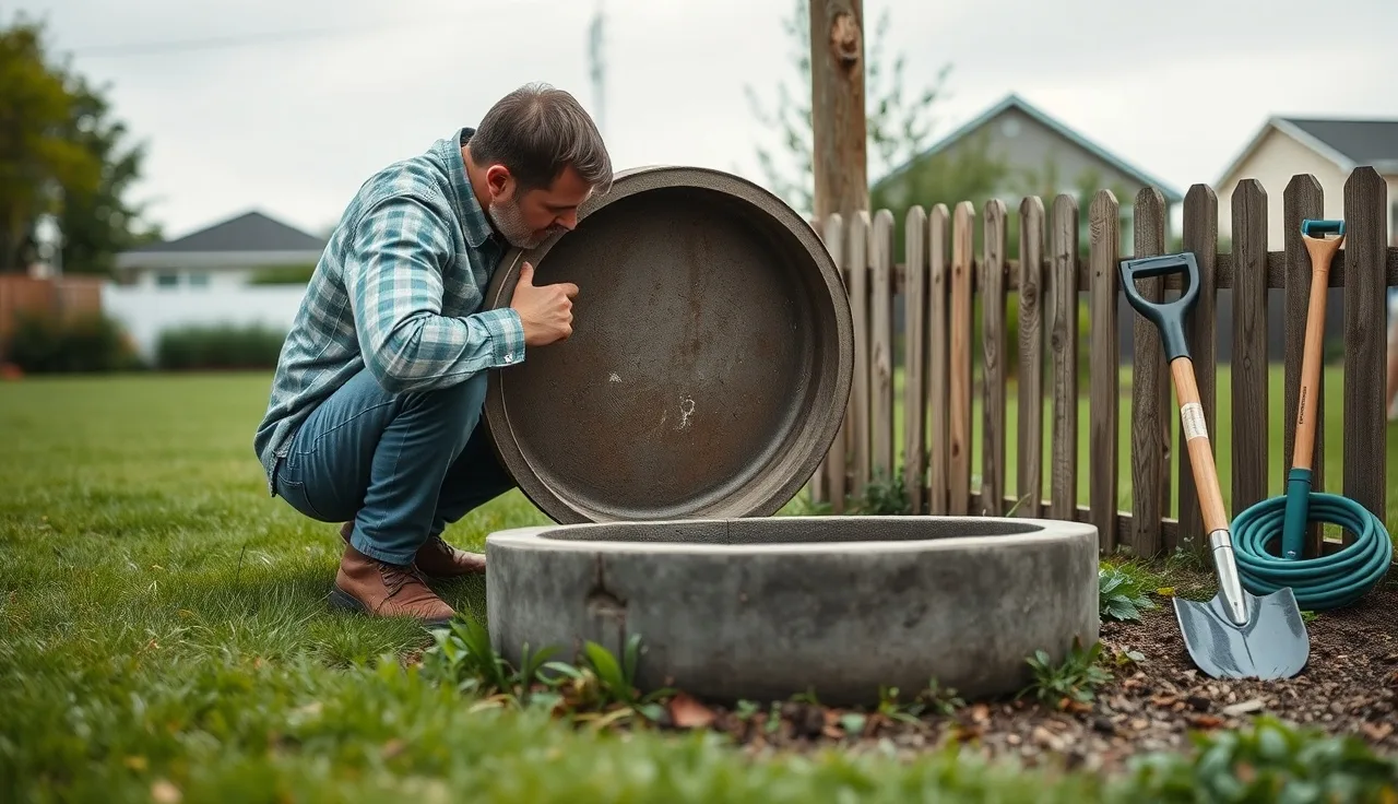 Homeowner inspecting open septic tank lid in backyard, evaluating system health