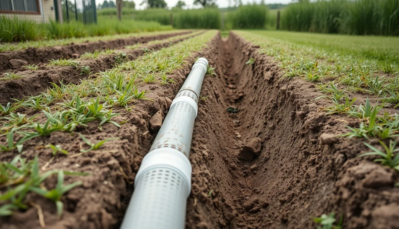 Open septic drain field trench with perforated pipe visible in a rural backyard