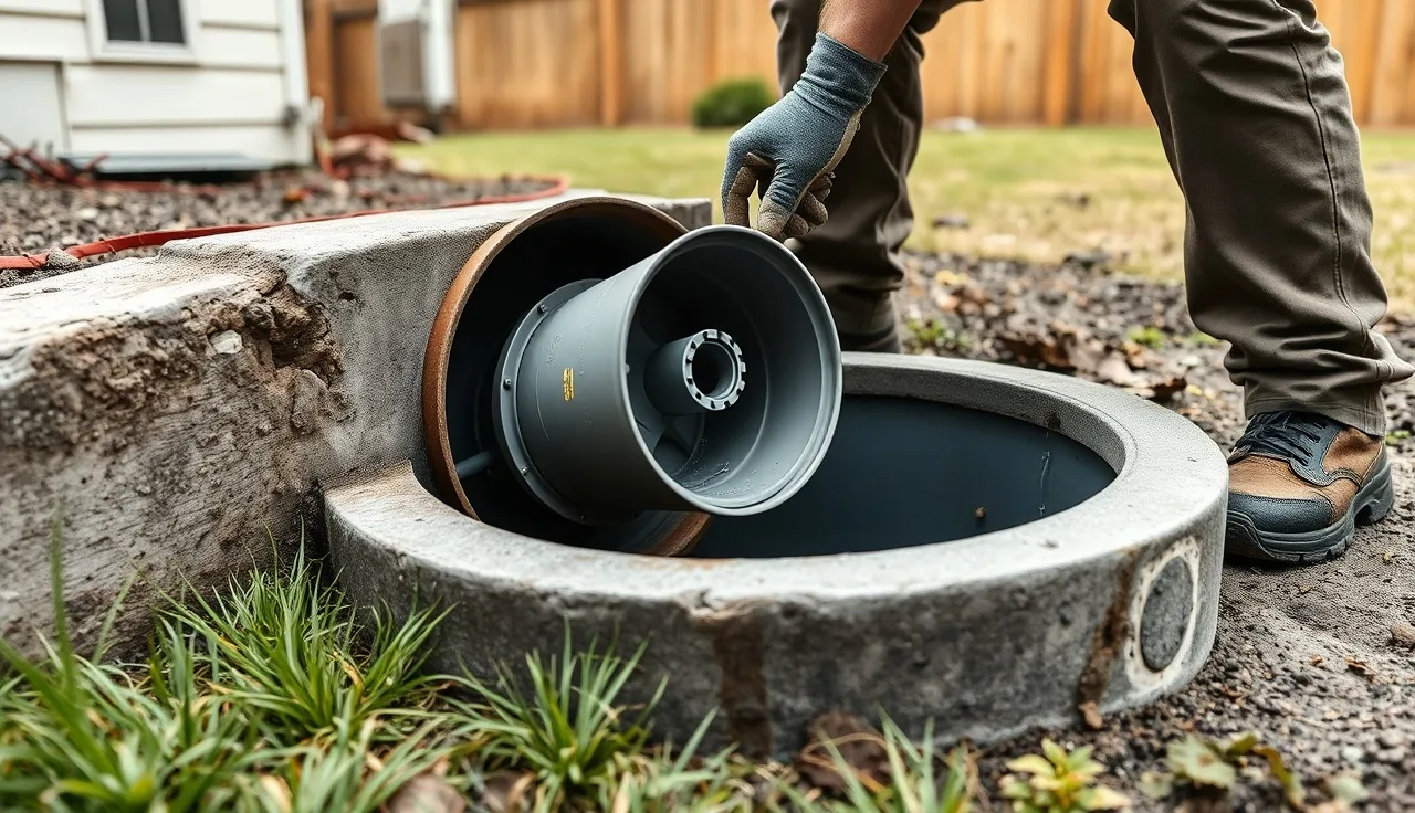 Technician removing a grey septic effluent filter from a tank riser in a backyard
