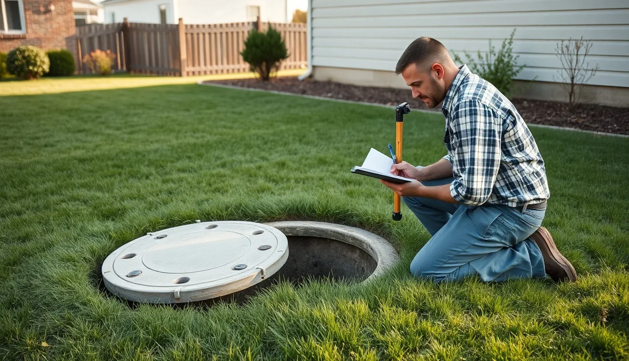 Inspector measuring sludge depth in open septic tank during backyard inspection
