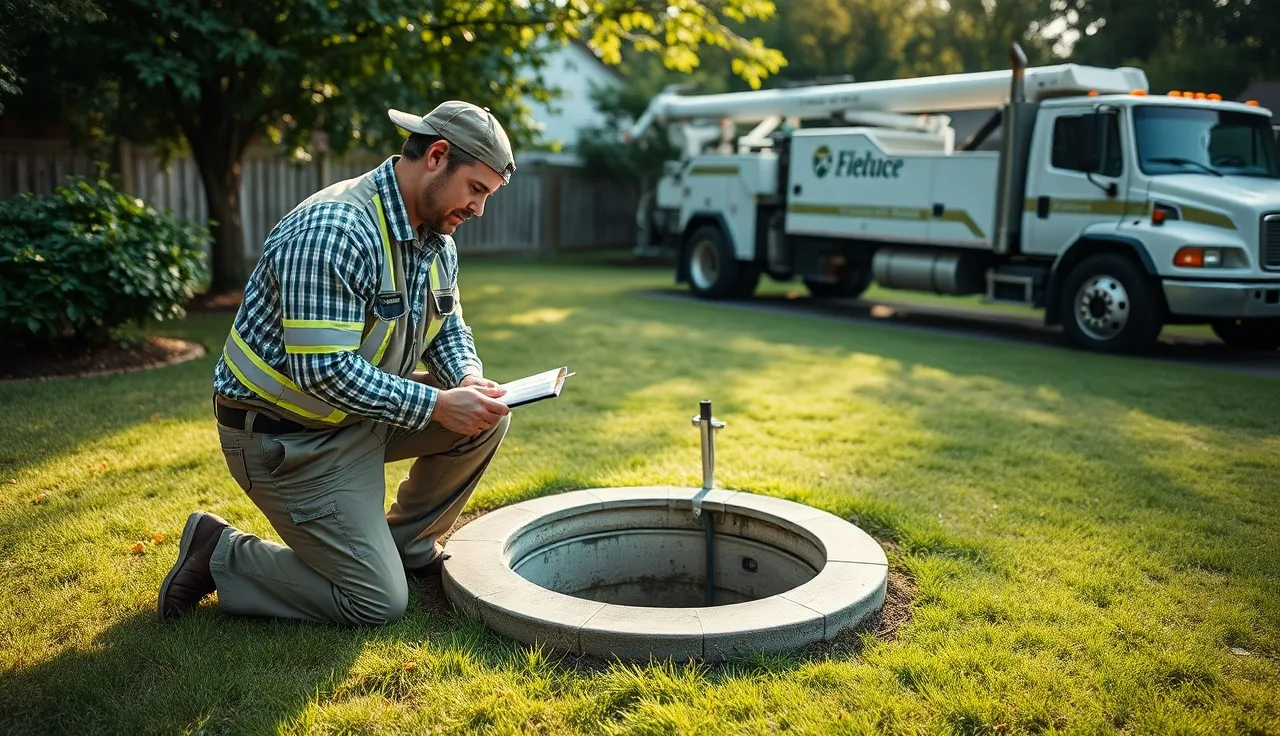 Septic inspector examining an open tank access lid during a Massachusetts Title 5 inspection