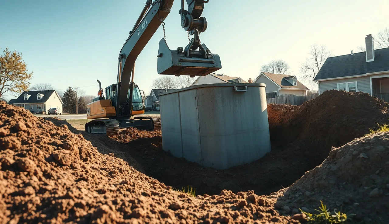 Excavator lowering a concrete septic tank into a freshly dug trench on a rural lot