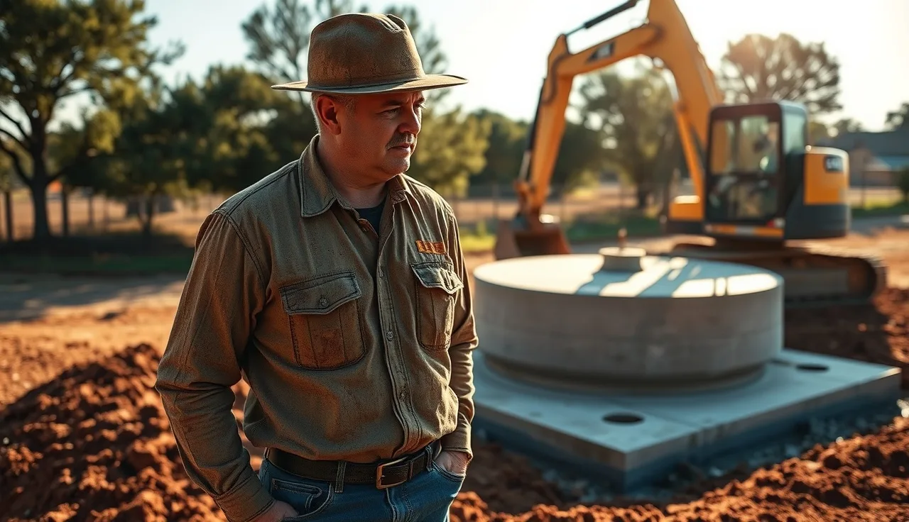 Septic system installer watching excavator lower concrete tank into ground on rural lot