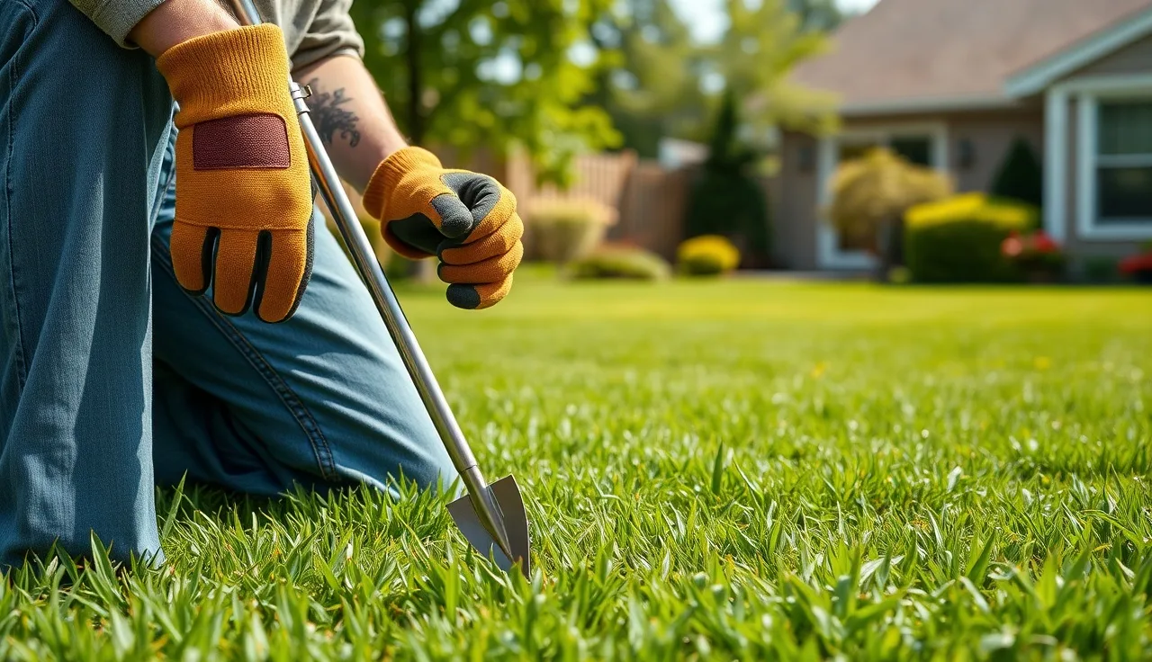 Homeowner using a soil probe to locate a buried septic tank in a backyard