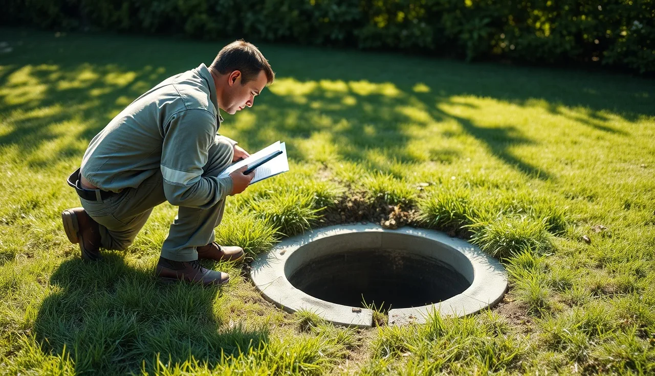 Septic technician inspecting an open tank riser during routine maintenance in a residential backyard