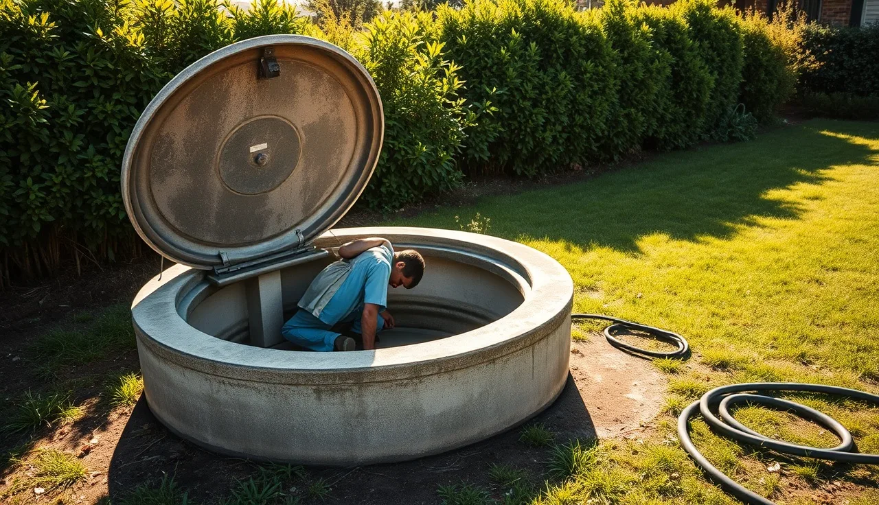 Technician inspecting open septic tank components in a residential backyard