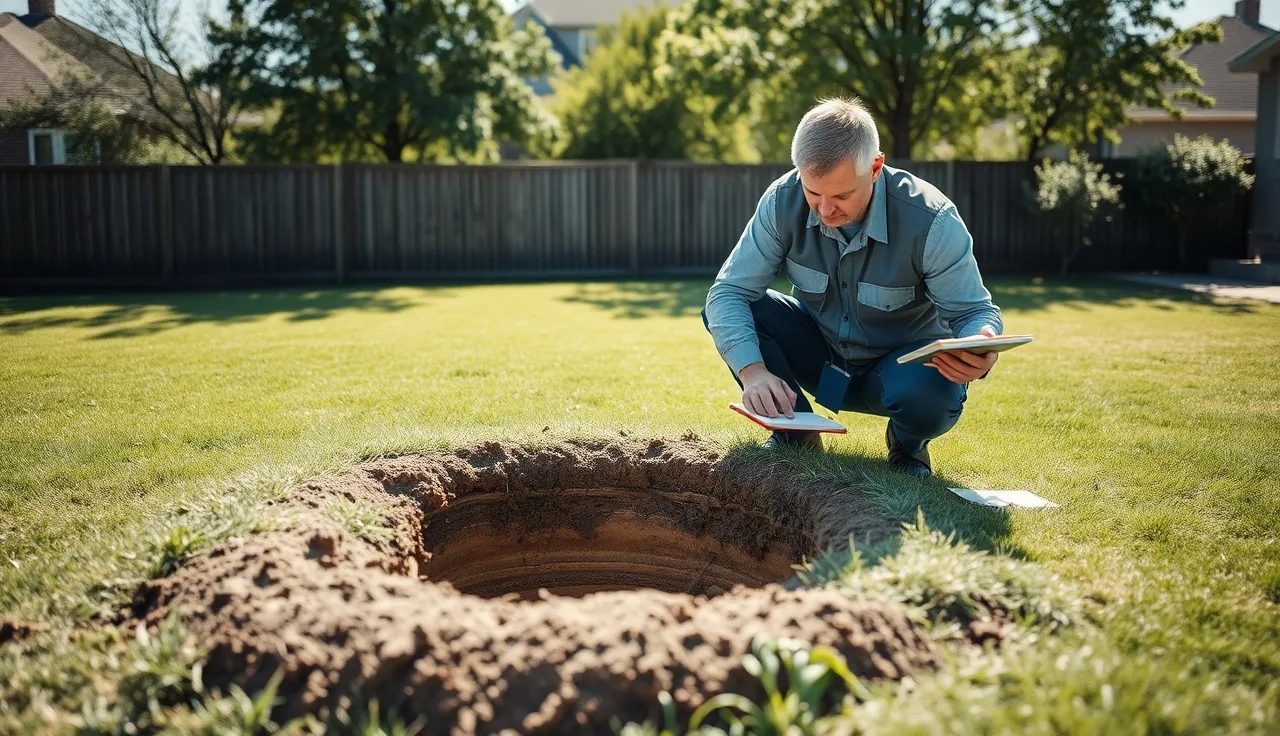 Environmental health officer examining soil test pit before issuing a septic system permit