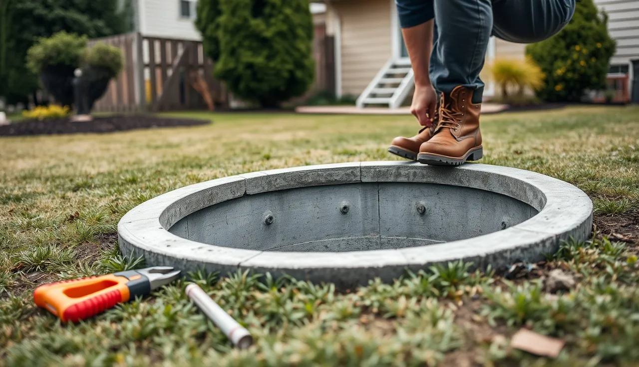Plumber inspecting an open septic tank lid in a backyard