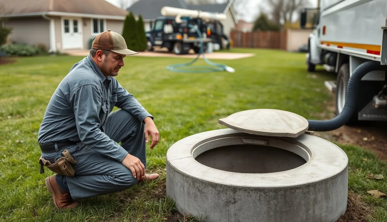 Septic service professional inspecting an open tank in a residential backyard