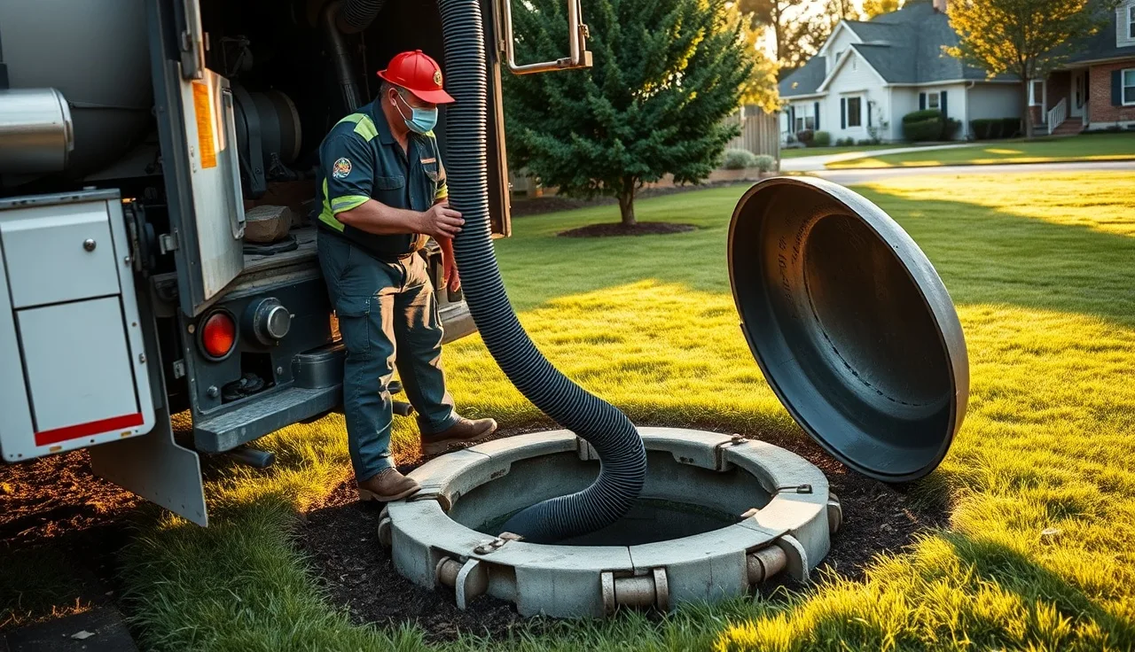 Septic truck operator inserting pump hose into open tank access port in backyard