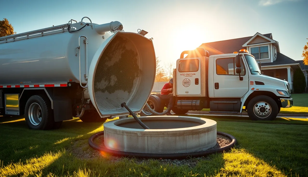 Septic pump truck technician pumping residential tank in green backyard