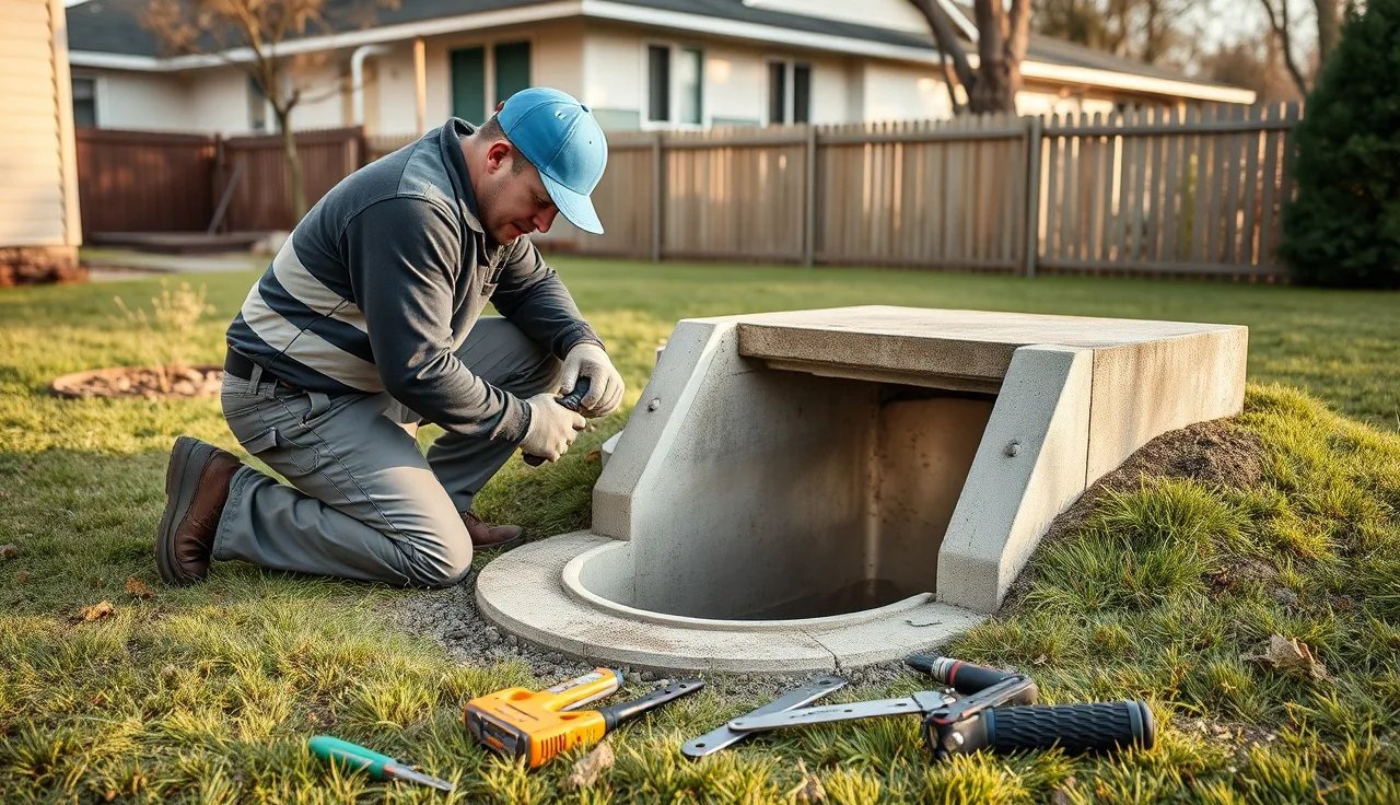 Septic technician inspecting open tank access port during septic system repair