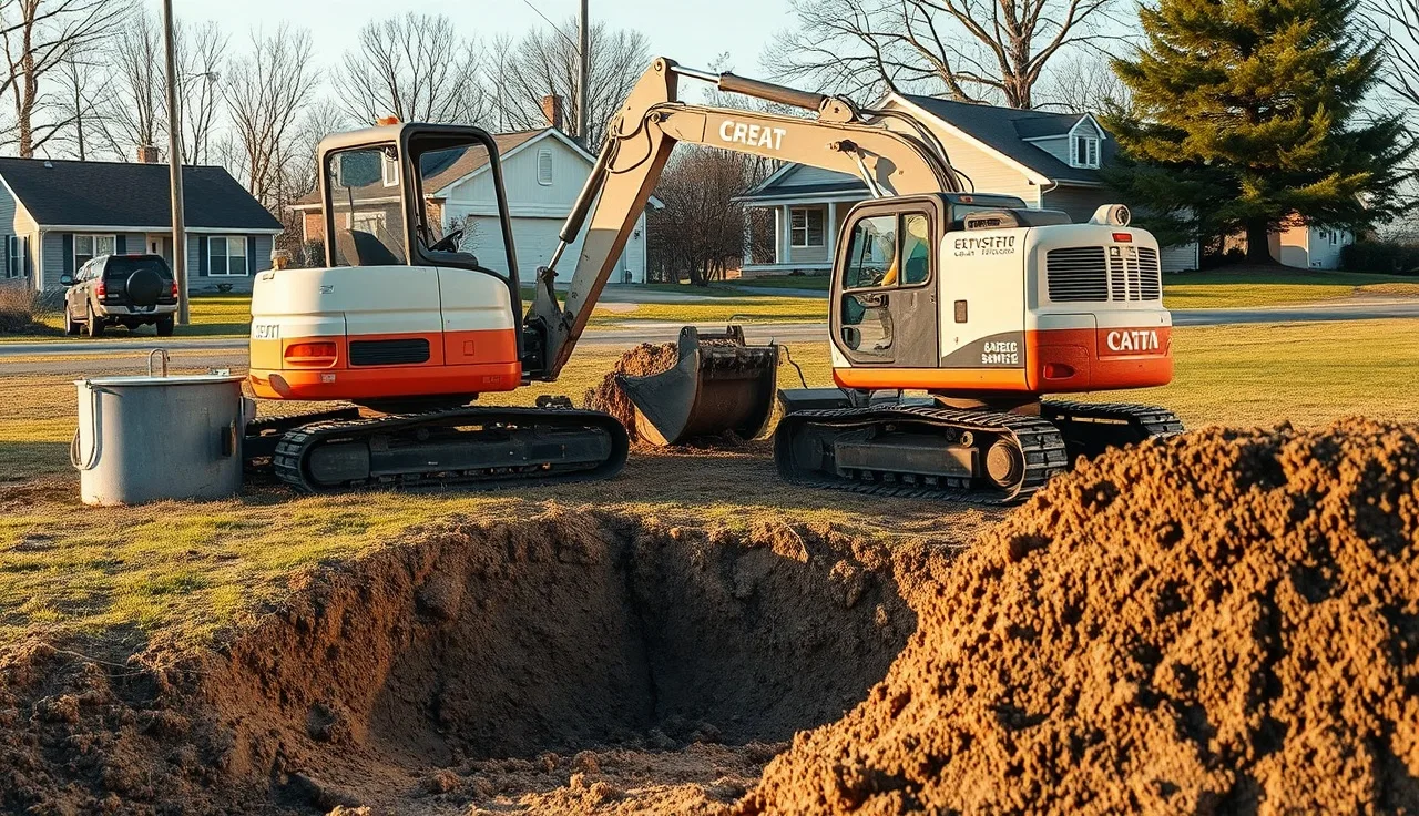 Excavator exposing a concrete septic tank in a New Jersey residential yard during replacement