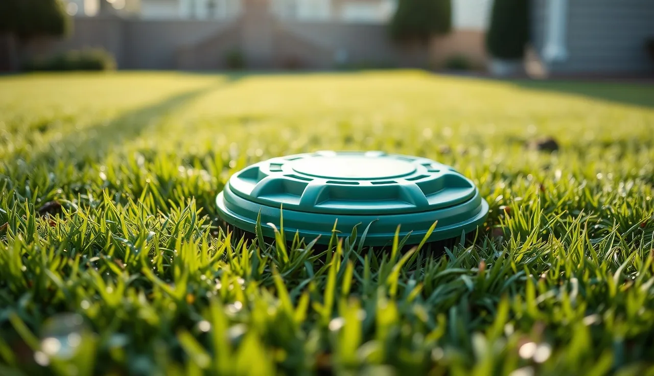 Green septic riser lid sitting flush with a residential lawn at ground level