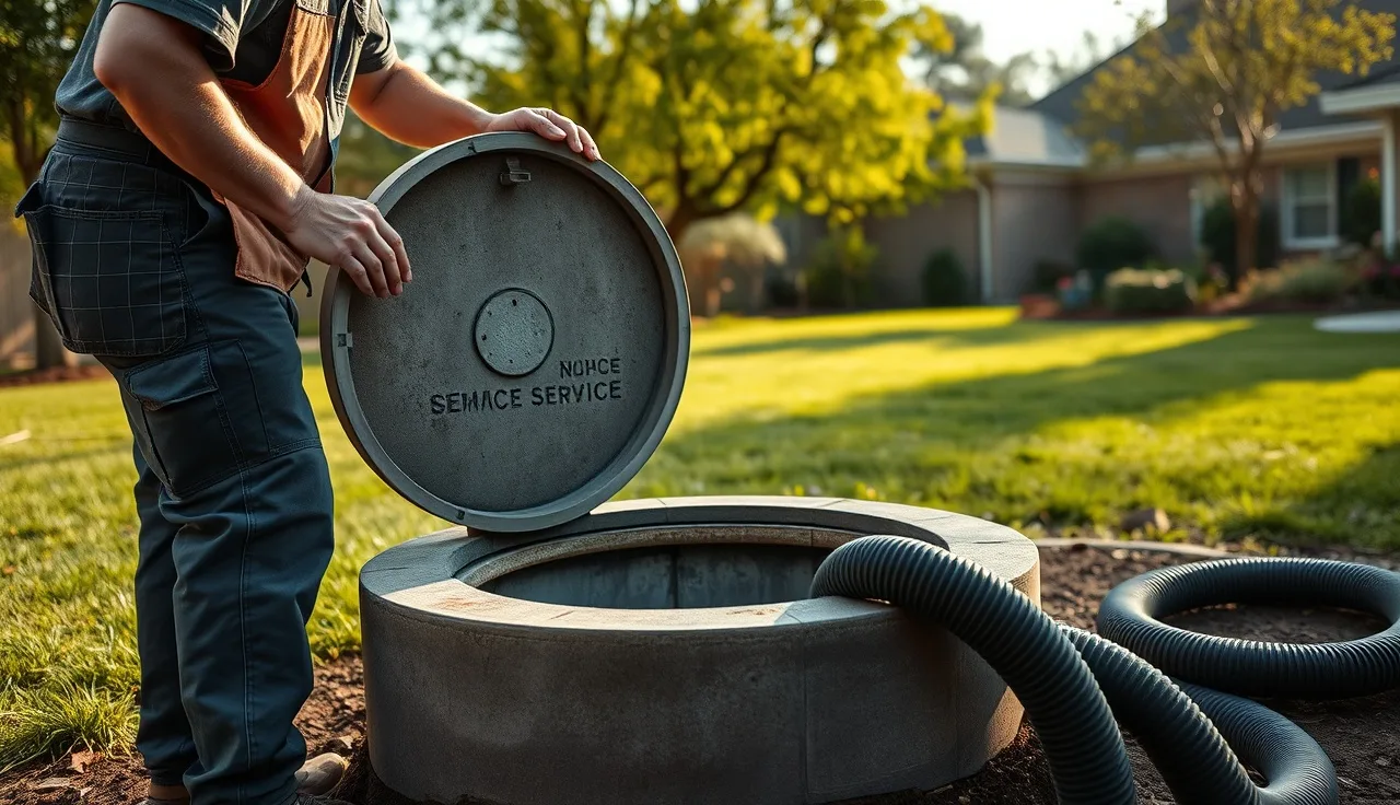 Septic service technician opening a tank access lid in a residential backyard