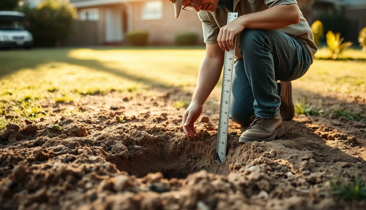 Soil technician measuring percolation test hole in backyard for septic system sizing