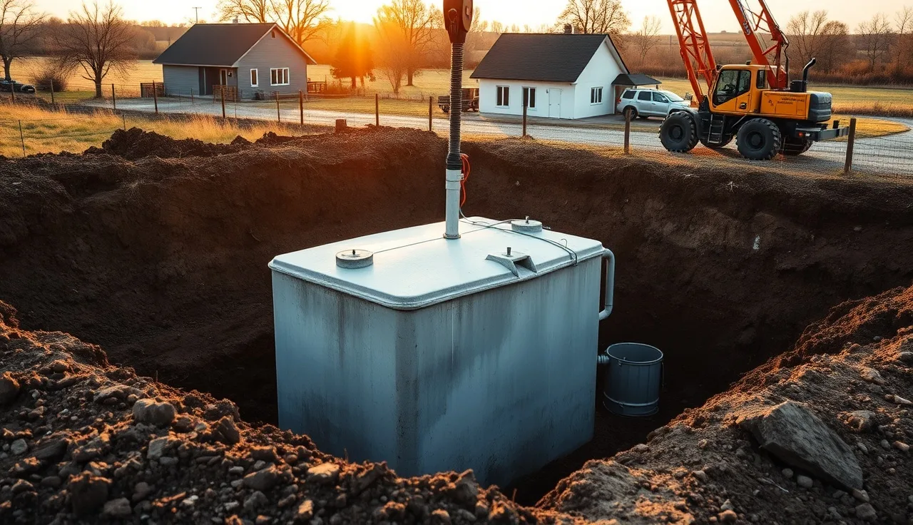 Concrete septic tank lowered into excavated trench at rural property showing system size