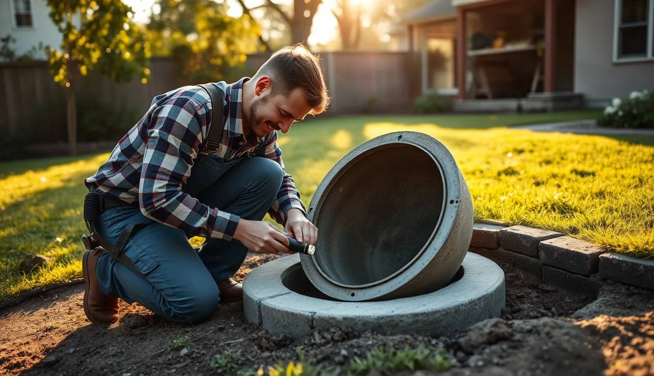 Septic system specialist inspecting an open septic tank in a residential backyard