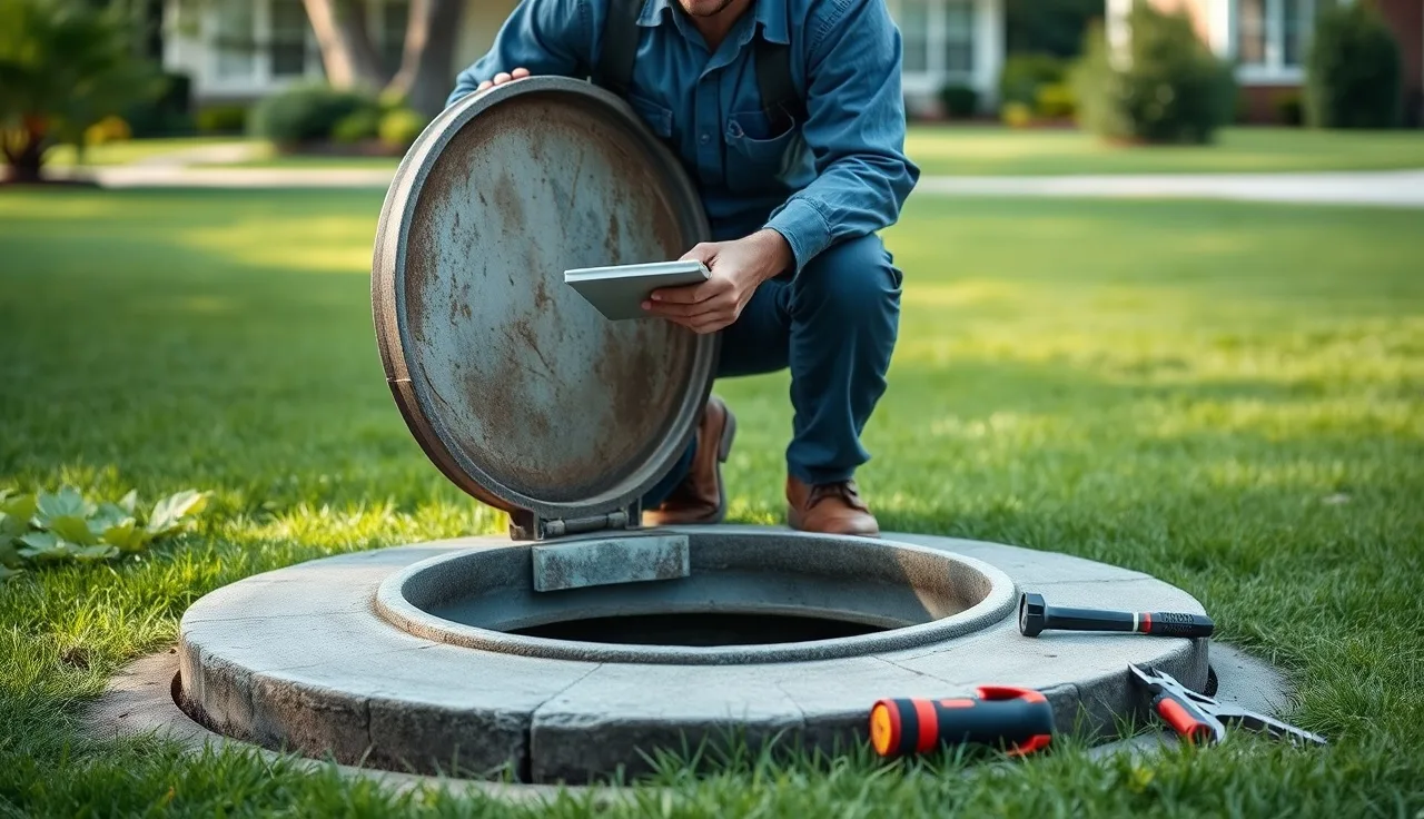 Septic technician inspecting an open septic tank in a residential backyard