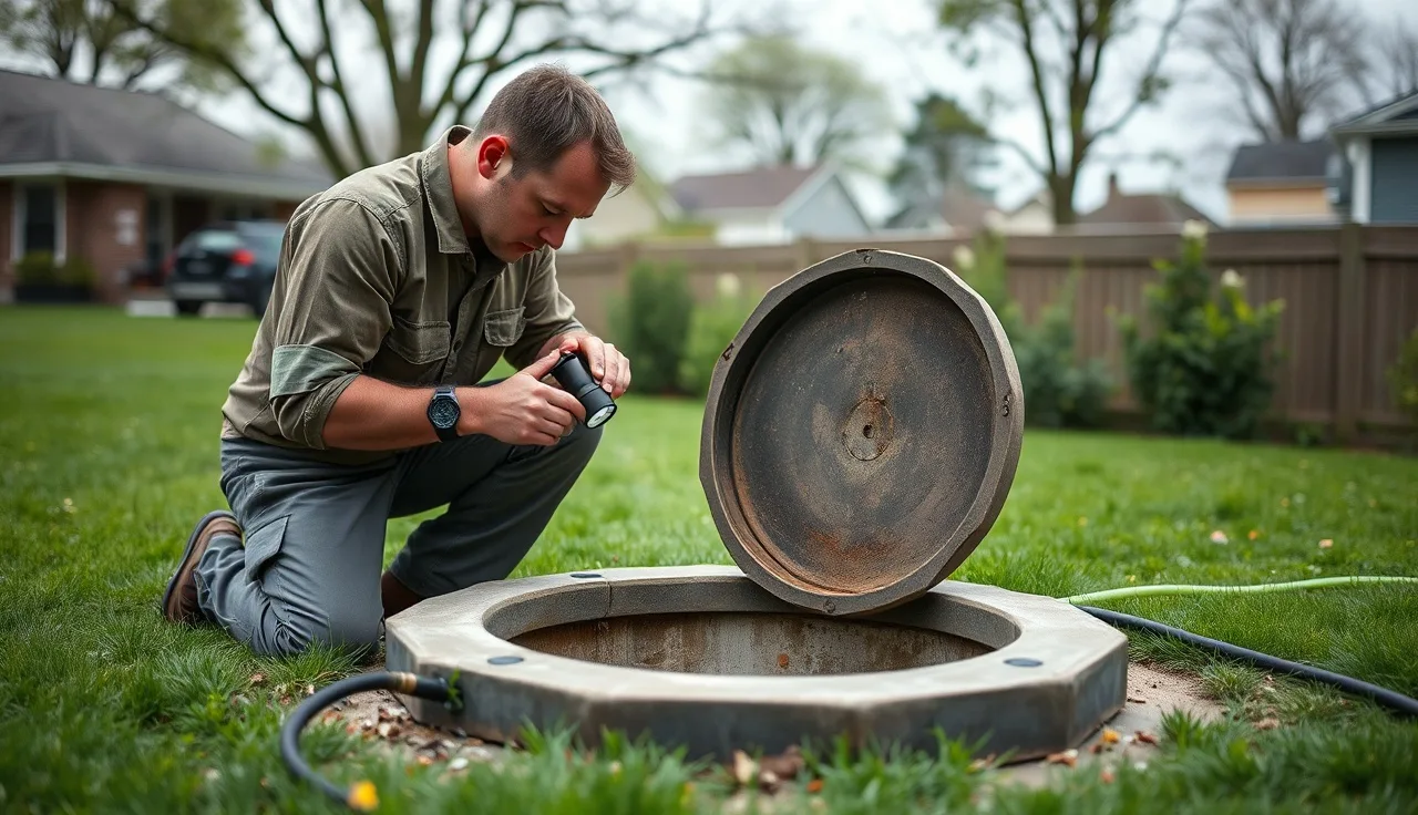 Septic technician inspecting an open tank access lid in a backyard