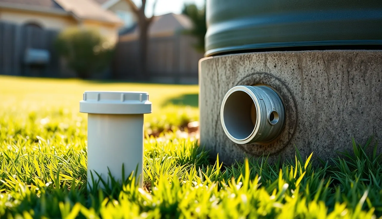White PVC vent pipe cap above a septic tank riser in a backyard