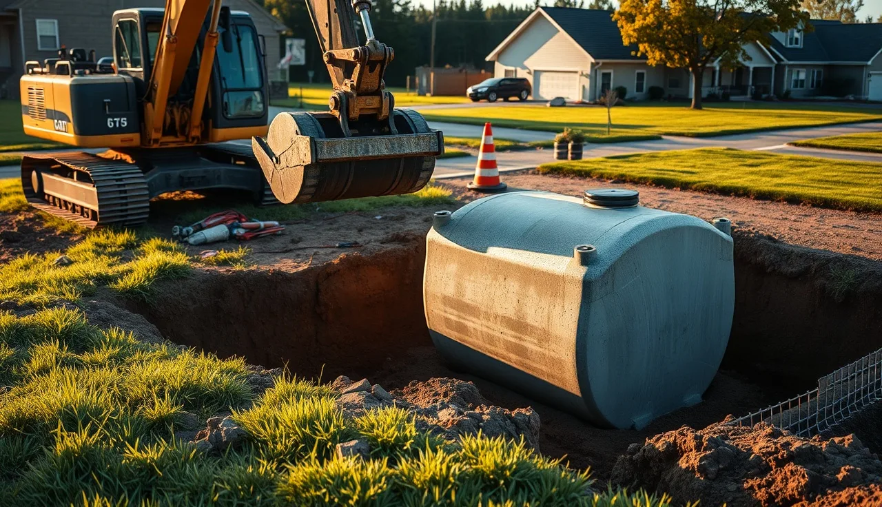 Concrete septic tank being installed into a trench on a residential property
