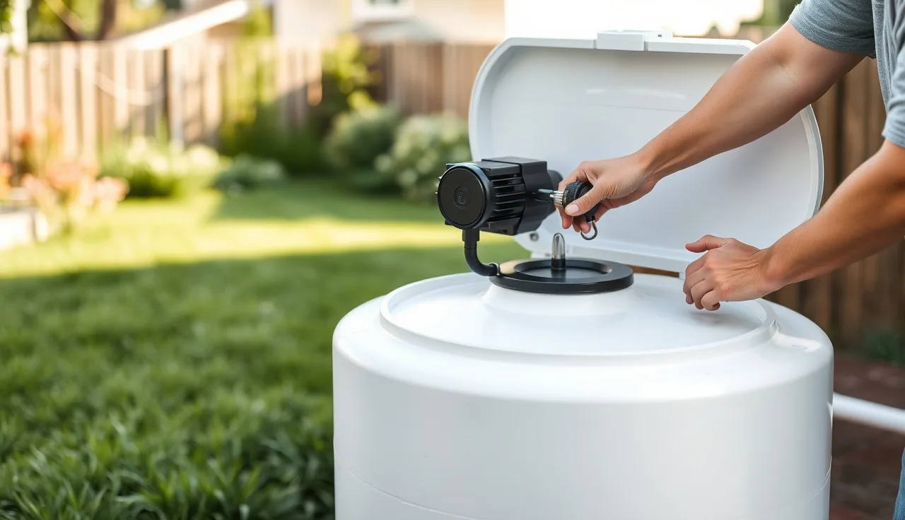 Technician servicing a septic tank aerator compressor at an open ATU lid in a backyard