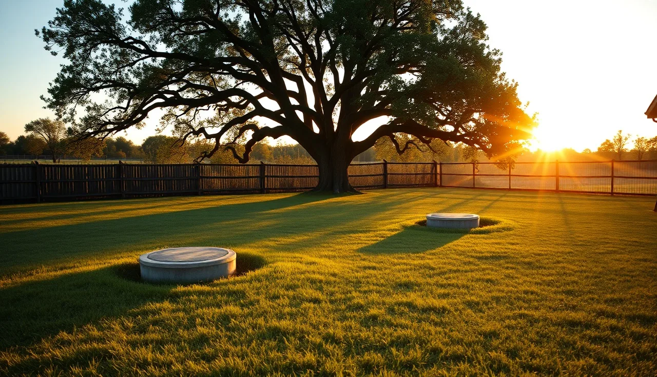 Concrete septic tank risers in a rural backyard at golden hour