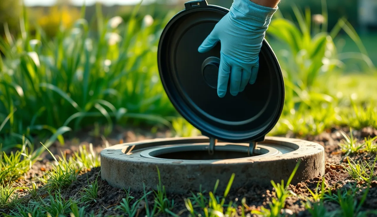 Technician opening a septic tank access lid in a residential backyard
