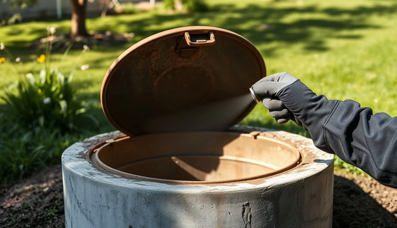 Open septic tank lid with a gloved hand shining a flashlight inside