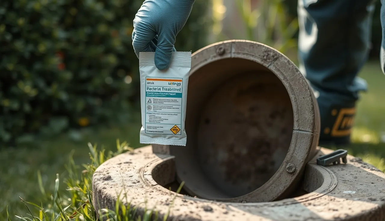 Technician adding biological treatment packet to open septic tank access port