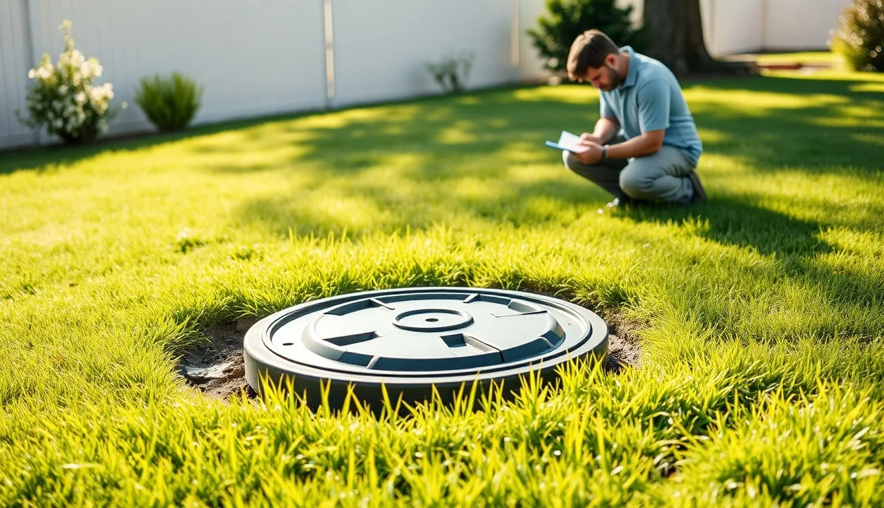 Homeowner inspecting a septic tank access lid in a green backyard lawn