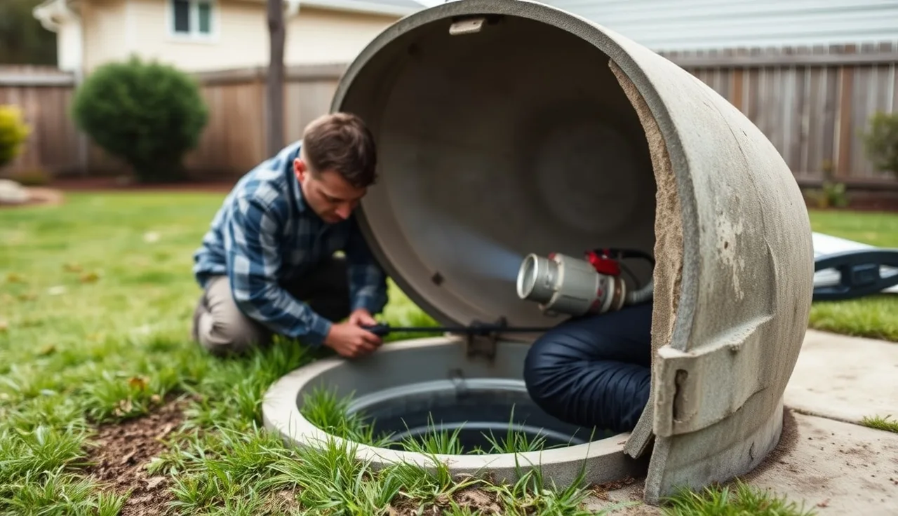 Technician inspecting open septic tank lid in a residential backyard