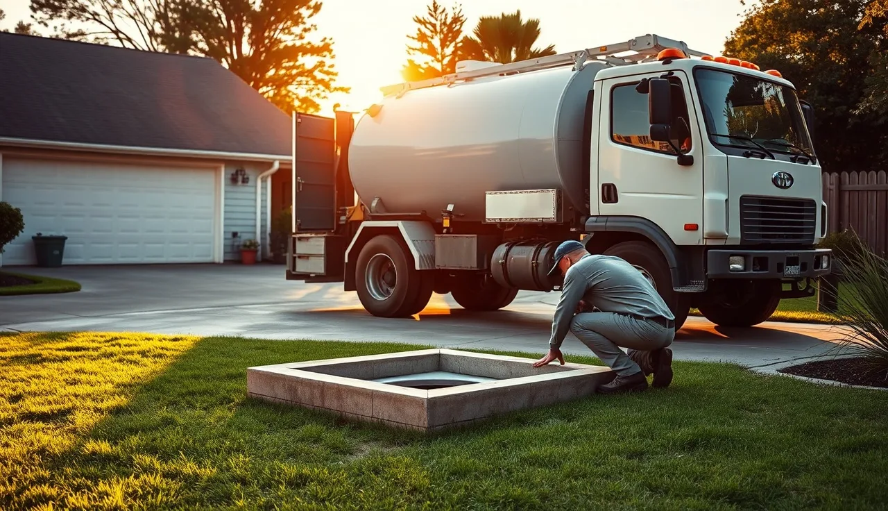 Septic service technician opening tank access lid during professional septic cleaning visit