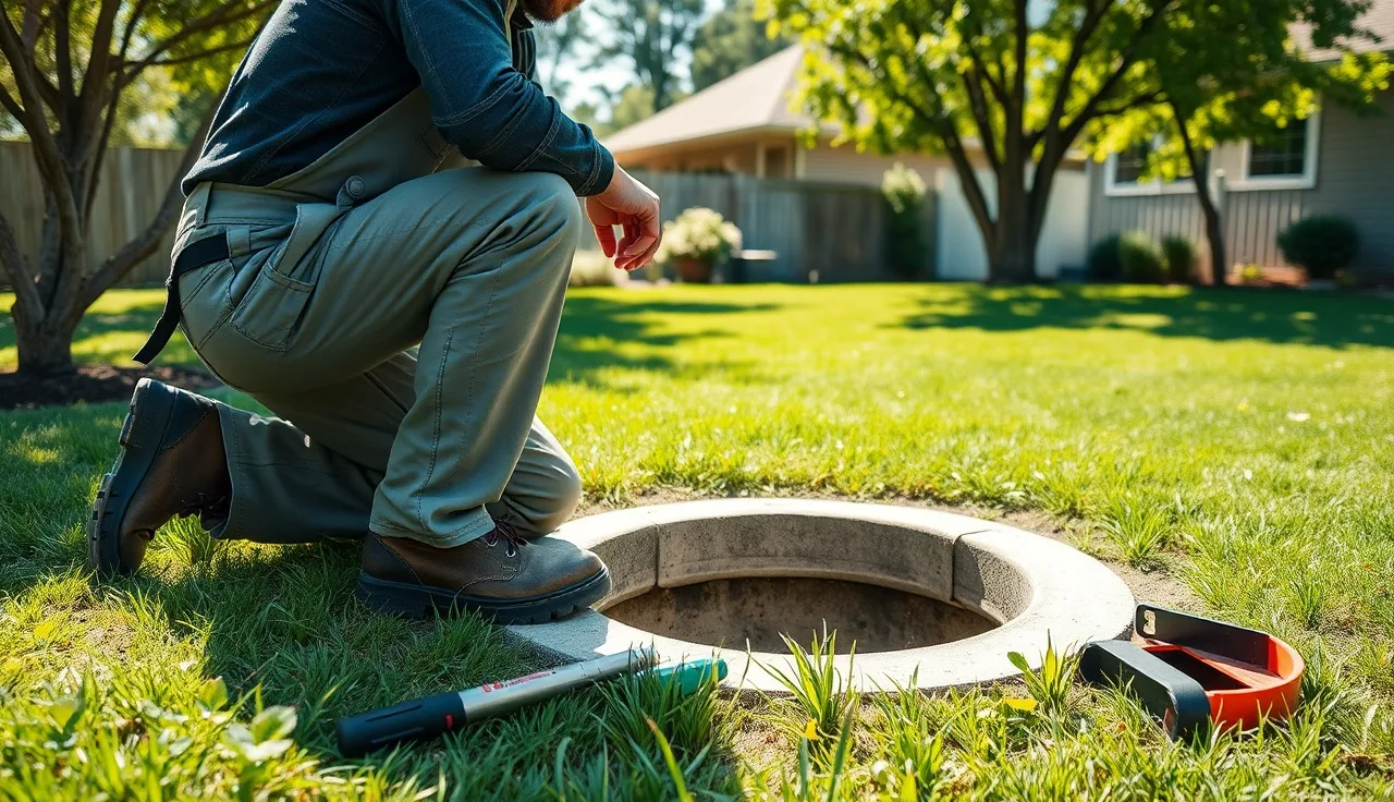 Septic contractor inspecting open tank access port in residential backyard