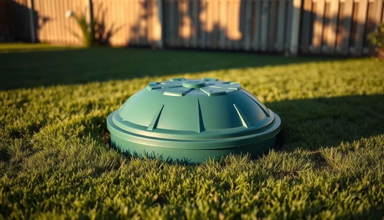 Green plastic septic tank cover flush with a mowed lawn in a backyard