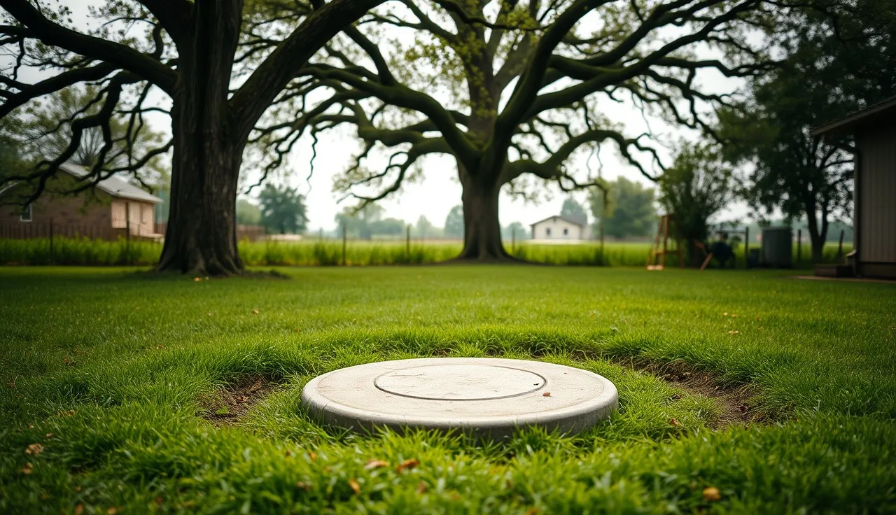 Concrete septic tank access lid visible at grade level in a residential backyard