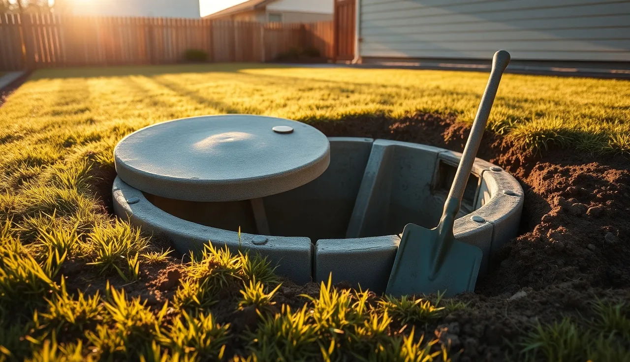 Exposed concrete septic tank lid in a residential backyard with excavated soil