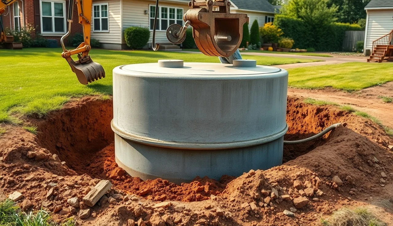 Concrete septic tank being set into ground excavation at residential property