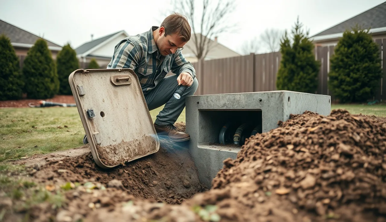 Septic technician inspecting an open concrete distribution box in a residential backyard