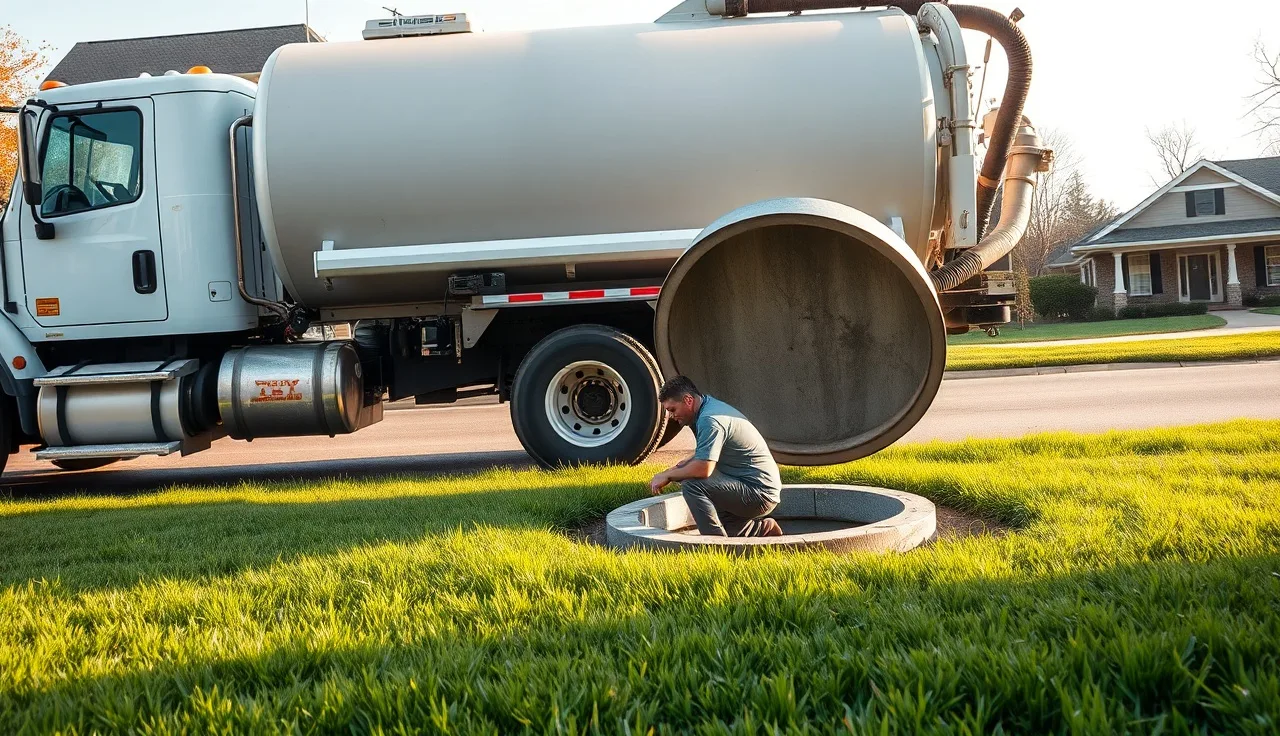 Septic tank emptying truck parked on residential lawn, technician opening tank access lid