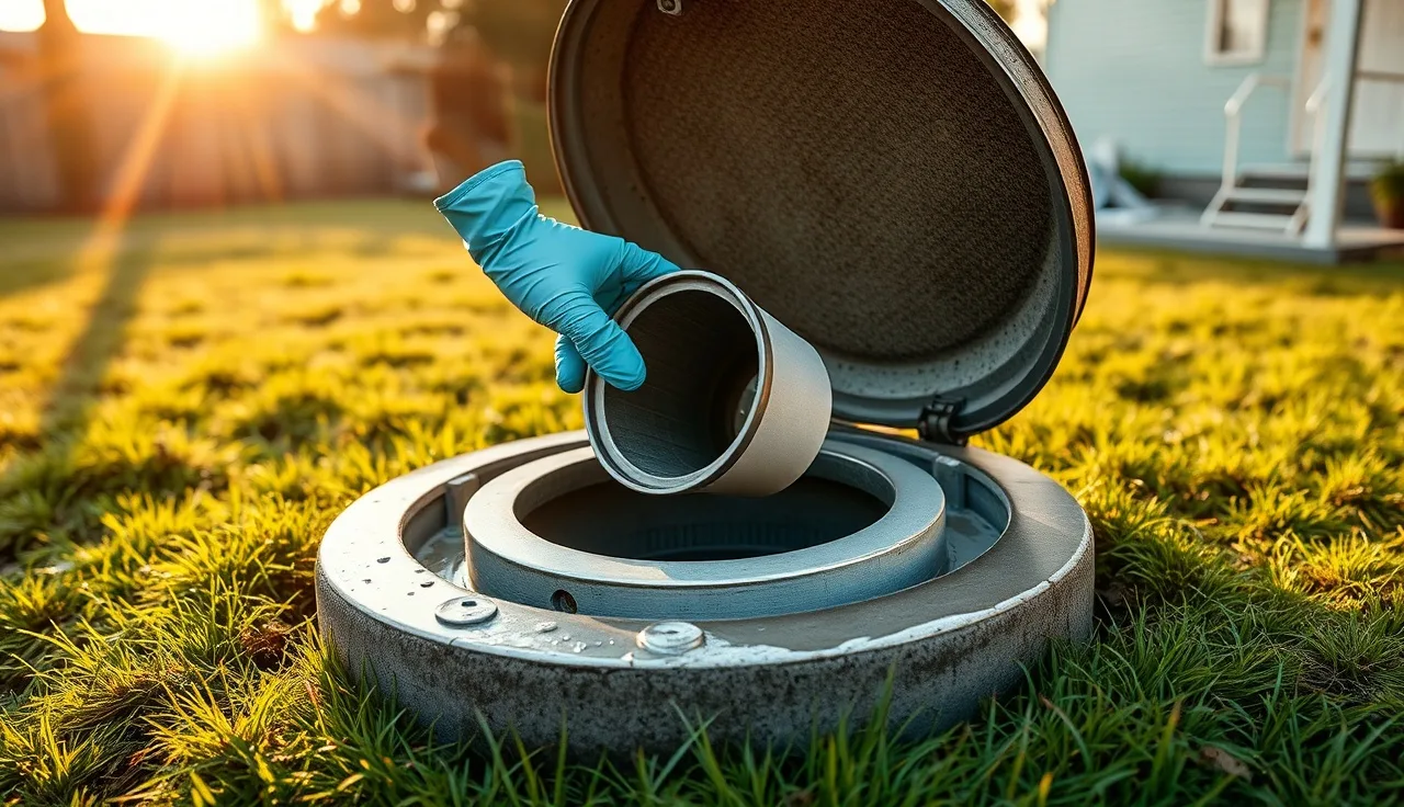 Gloved hand pulling a septic tank effluent filter cartridge from the outlet baffle