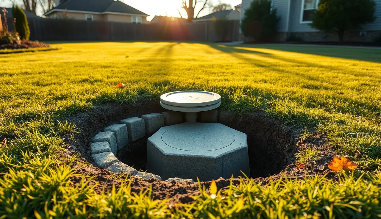 Concrete septic tank riser lid exposed in residential backyard lawn during service