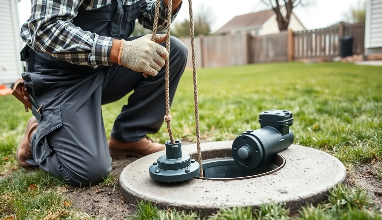 Technician pulling a grinder pump from a residential wet well riser