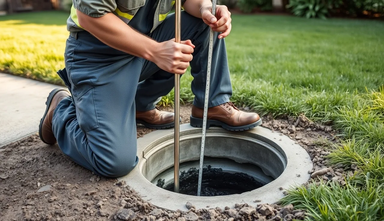 Septic inspector measuring sludge depth inside an open tank access riser in a backyard